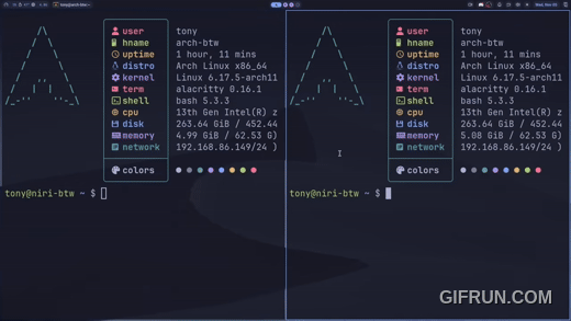 Niri horizontal scrolling workspace demo.